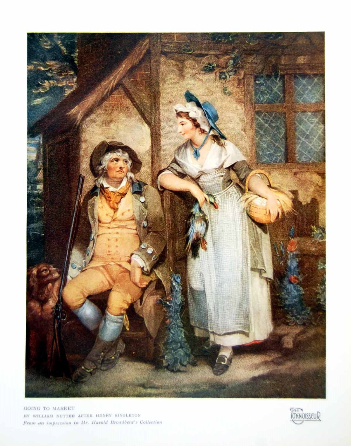 Antique Old Print Going To Market Man Dog Lady Apron Basket Duck Outside 1924
