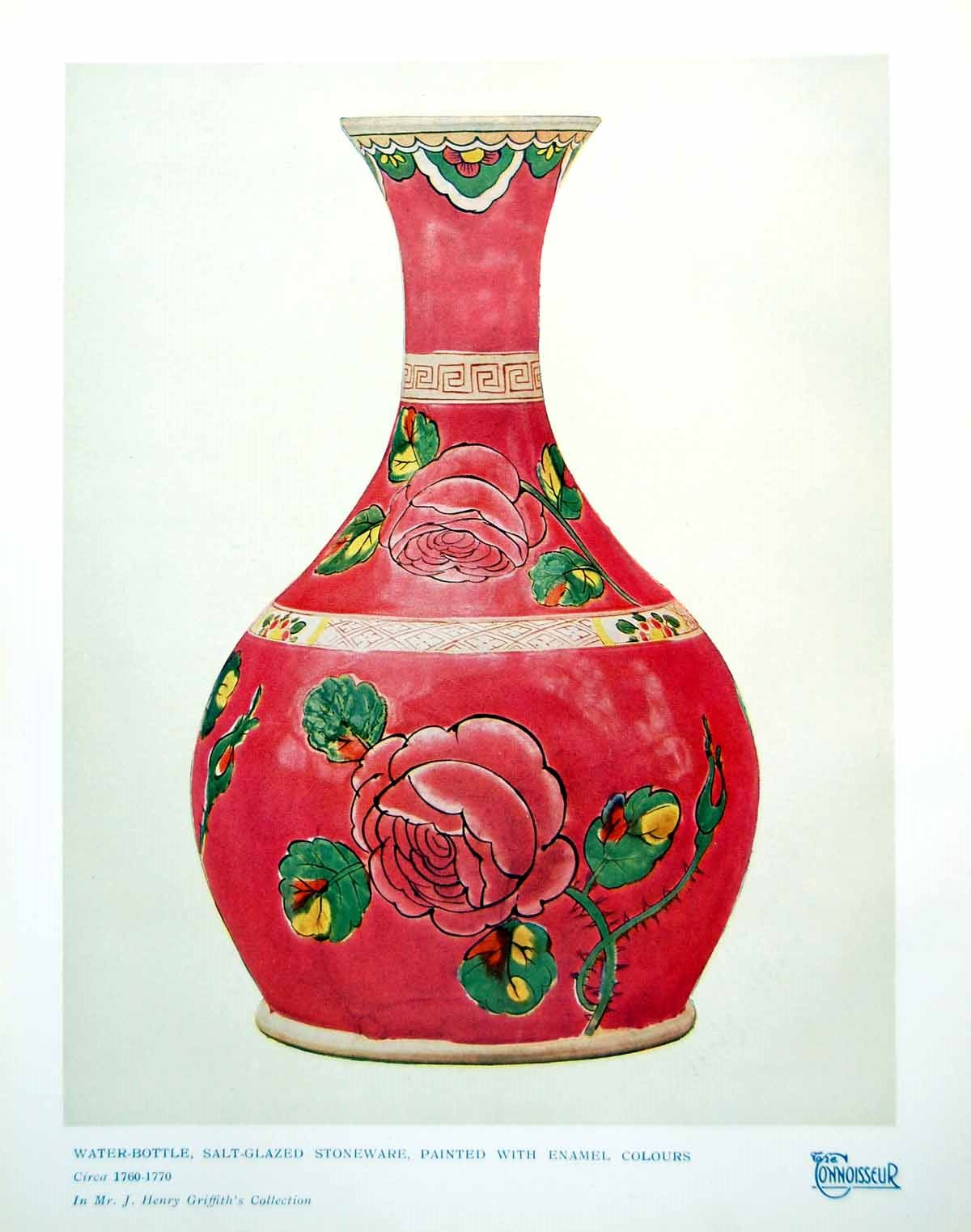Antique Print Water-Bottle Salt-Glazed Stoneware Painted Enamelcolours 1924