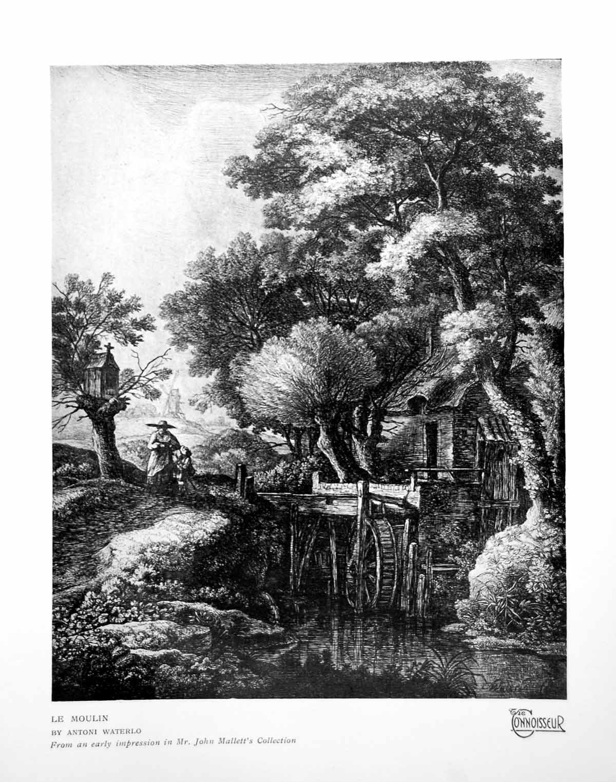 Antique Old Print Le Moulin Antoni Waterlo Mill Woodland Water People 1924 20th