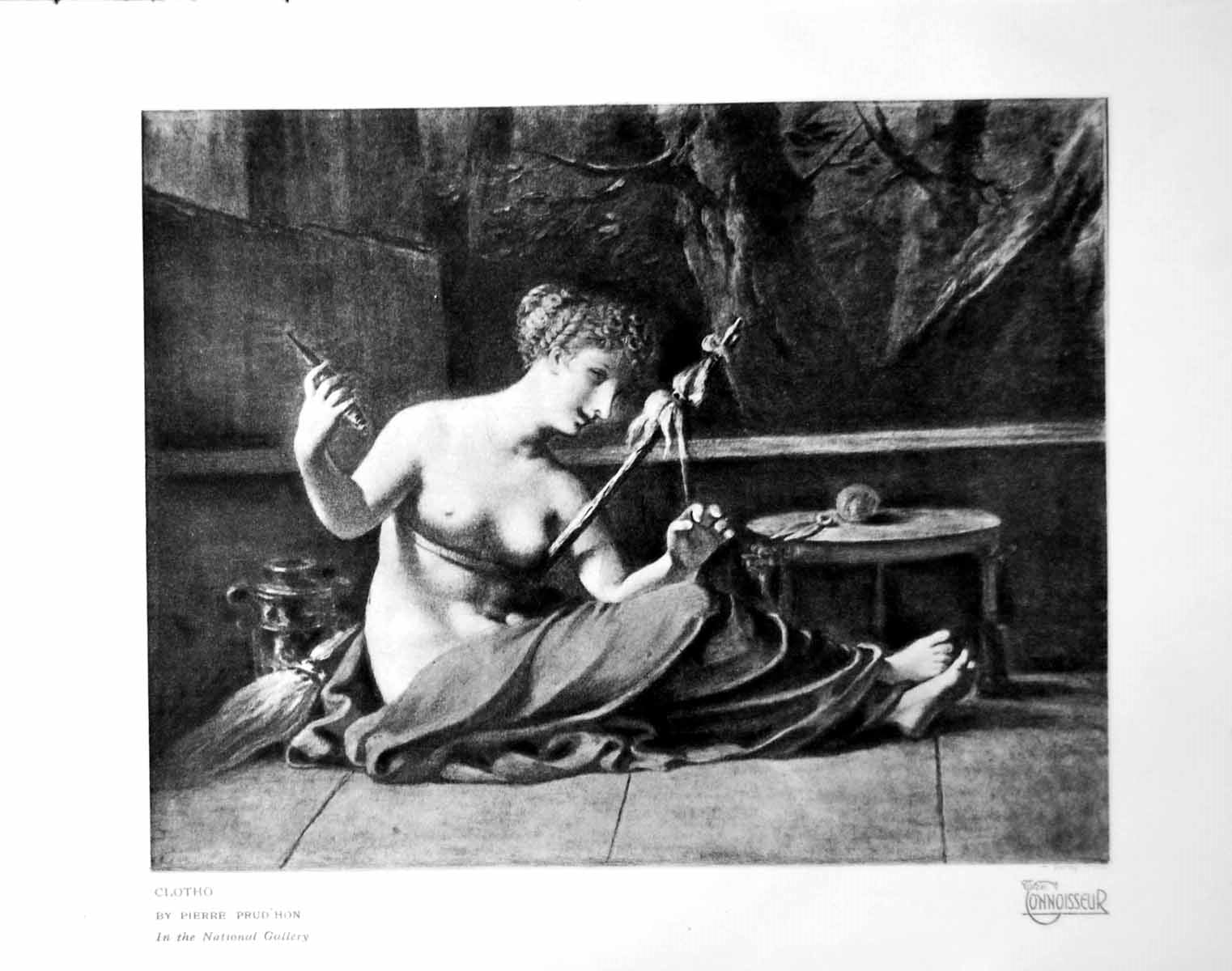 Antique Old Print Clotho Pierre Prud'Hon Semi-Clad Woman Spinning Wool 1924
