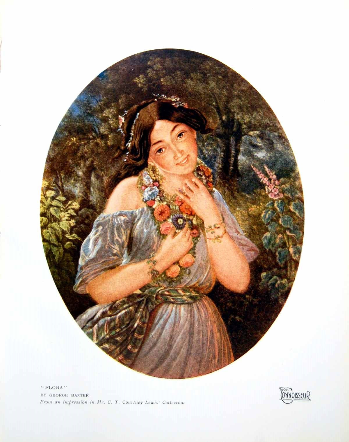 Antique Old Print Flora George Baxter Beautiful Lady Floral Garland Neck 1924