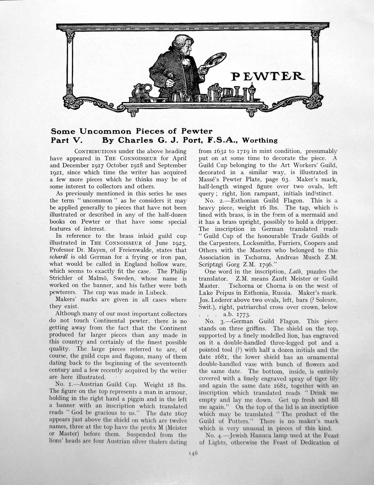 Antique Old Print Some Uncommon Pieces Pewter Part V Guild CupPages 1925
