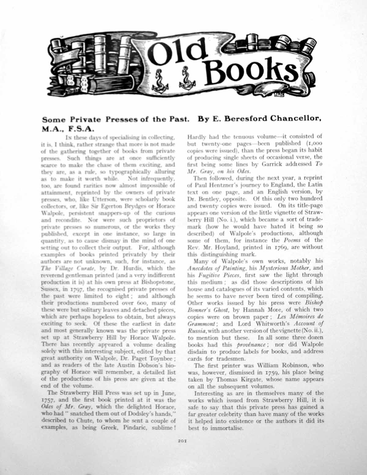 Antique Old Print Some Private Presses The Past Strawberry HillPages 1925