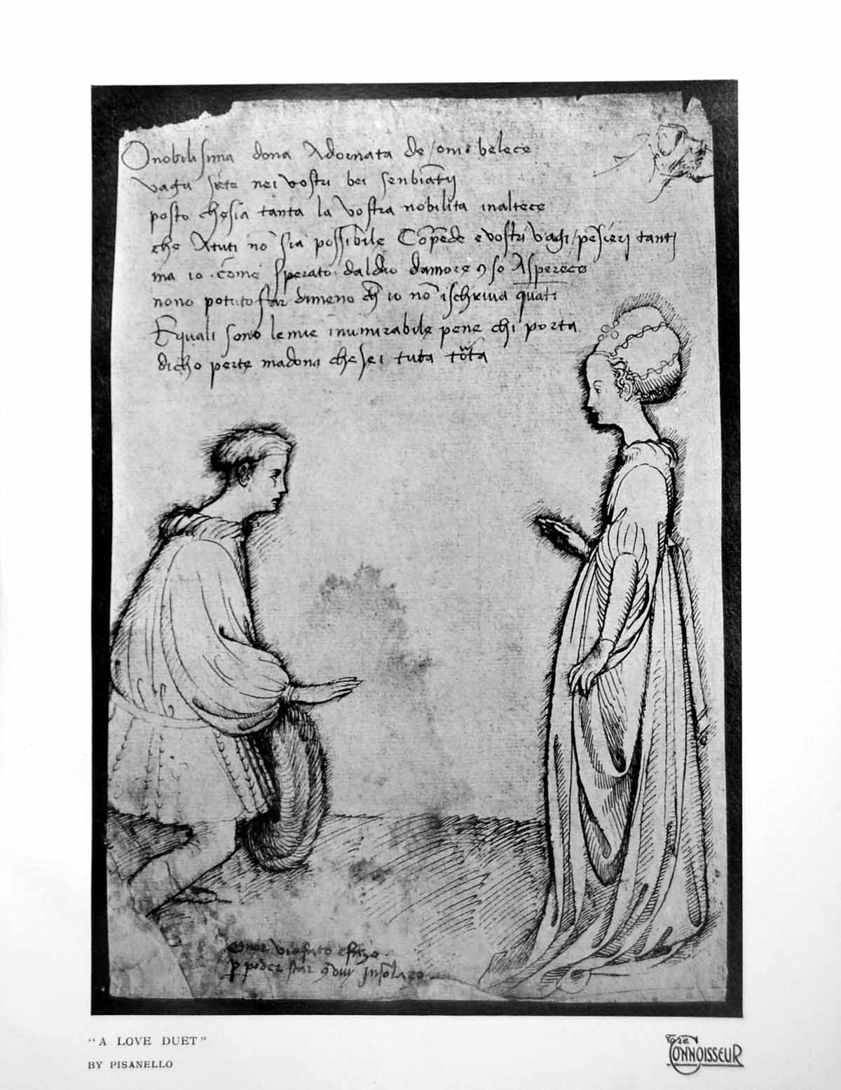 Antique Old Print A Love Duet By Pisanello Man Kneeling Lady Long Gown 1925