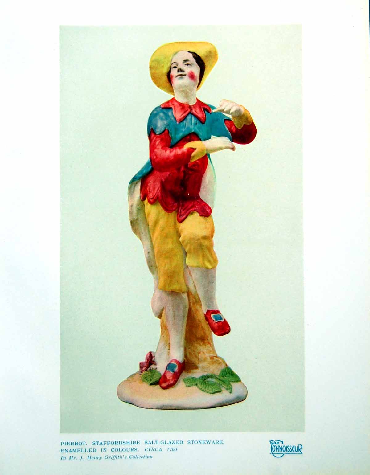 Antique Old Print Pierrot Staffordshire Salt-Glazed Stoneware Enamelled 1925