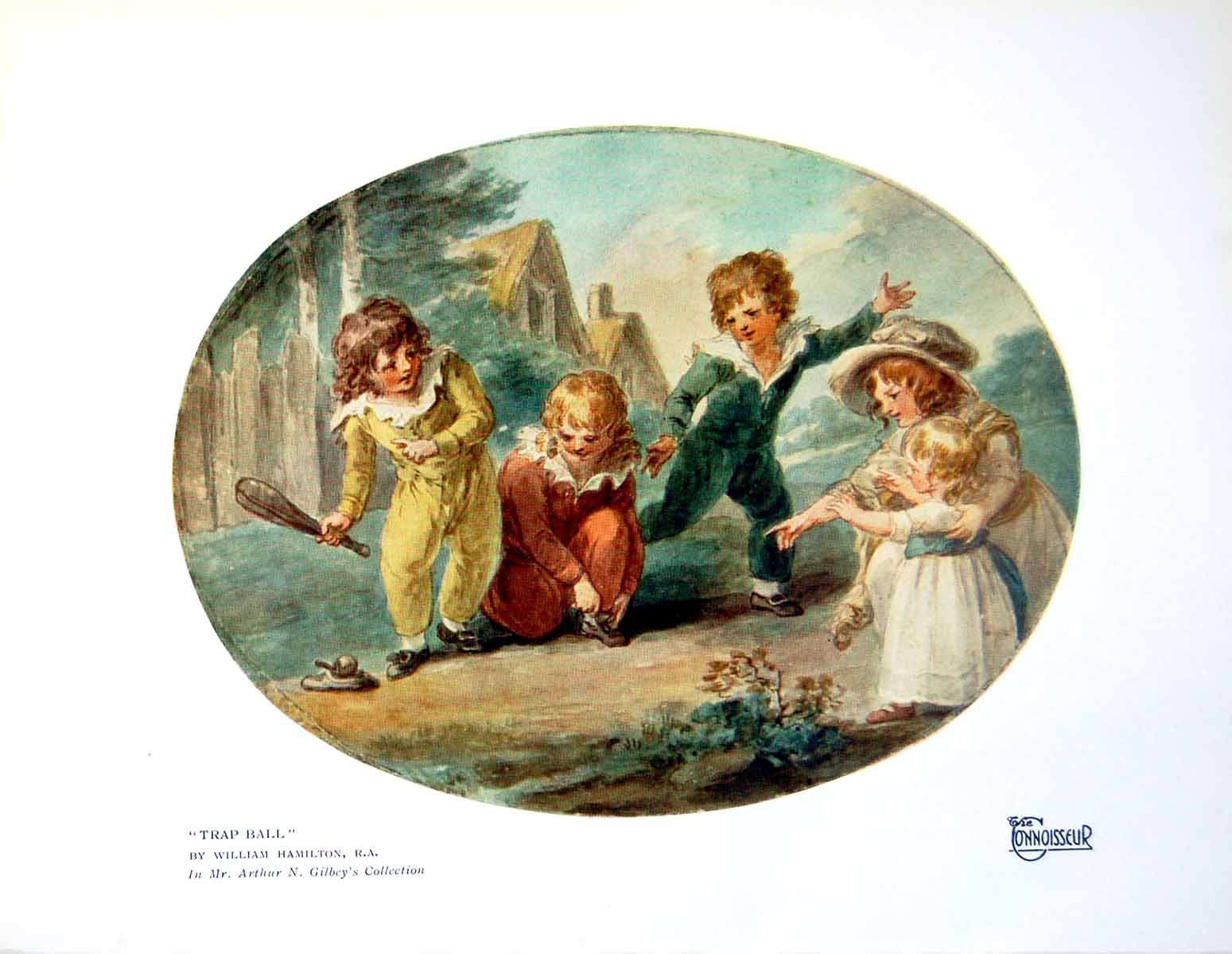 Old Print Trap Ball By William Hamilton Girls Boys Playing Outdoors 1925 20th