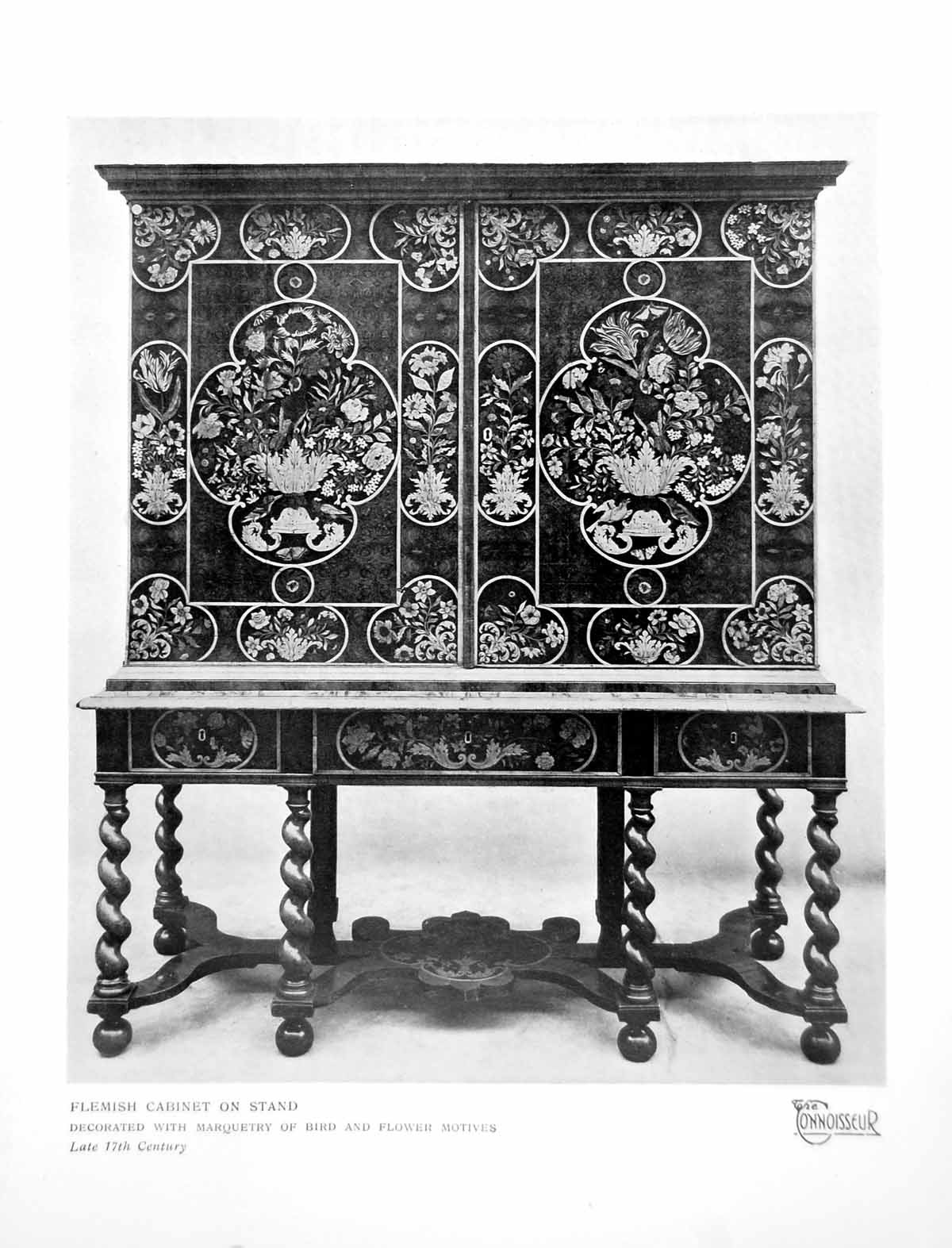 Antique Old Print Flemish Cabinet On Stand Marqetry Bird Flower Motives 1925