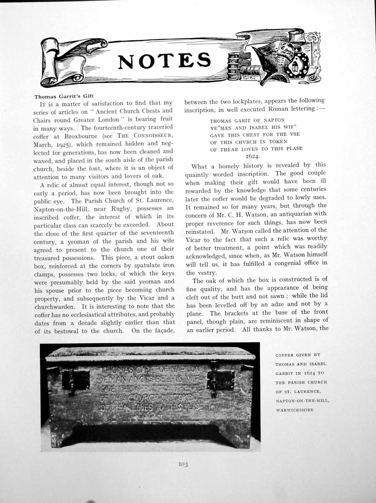 Antique Old Print Notes Thomas Garrit'S Gift Coffer Parish ChurchPage 1925
