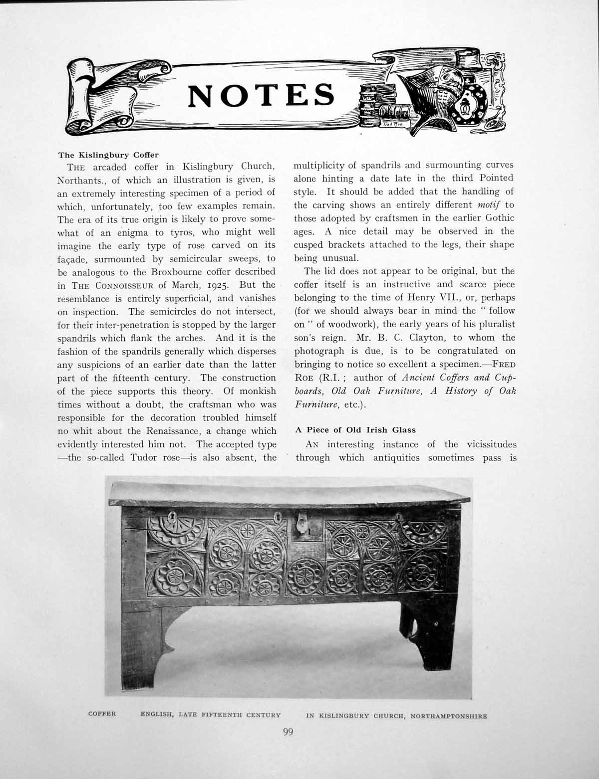 Antique Old Print Notes Kislingbury Coffer Irish Glass Mrs RolandPages 1926