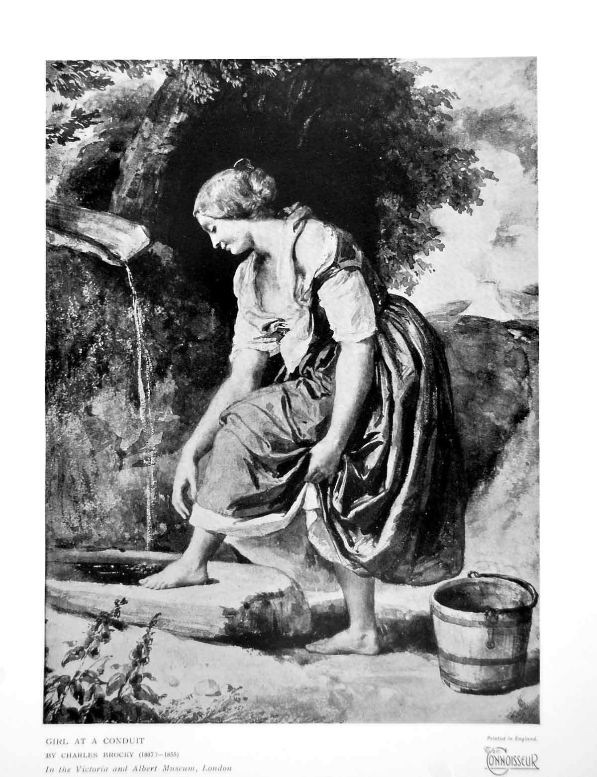 Antique Print Girl At A Conduit Charles Brocky Washing Feet V&A Museum 1926