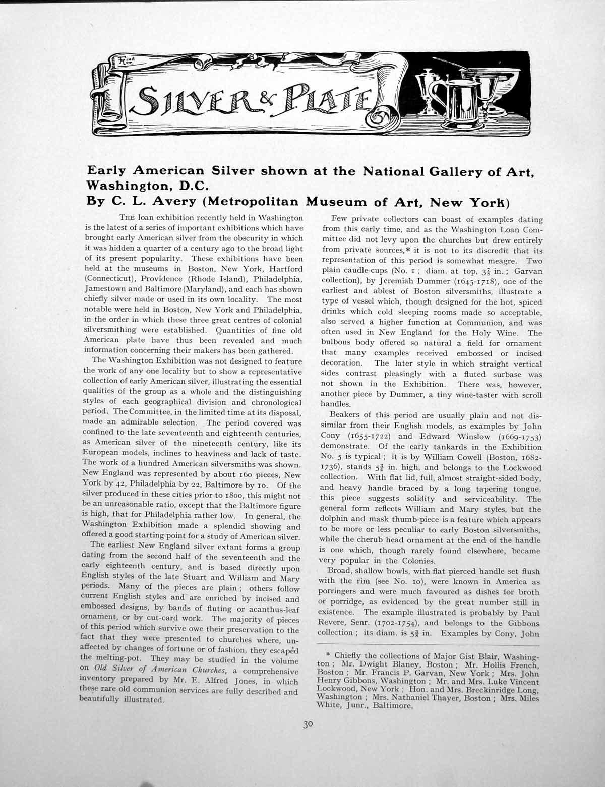 Antique Print Early American Silver Shown National Gallery ArtPages 1926