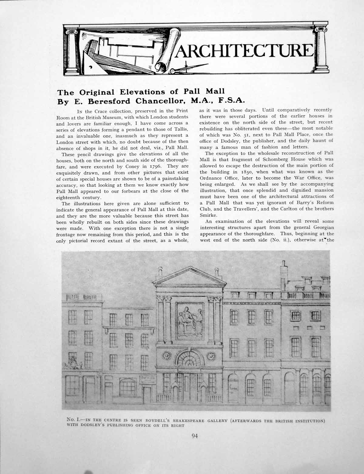 Original Old Vintage Print Elevations Pall Mall Boydell'S GalleryPages 1926