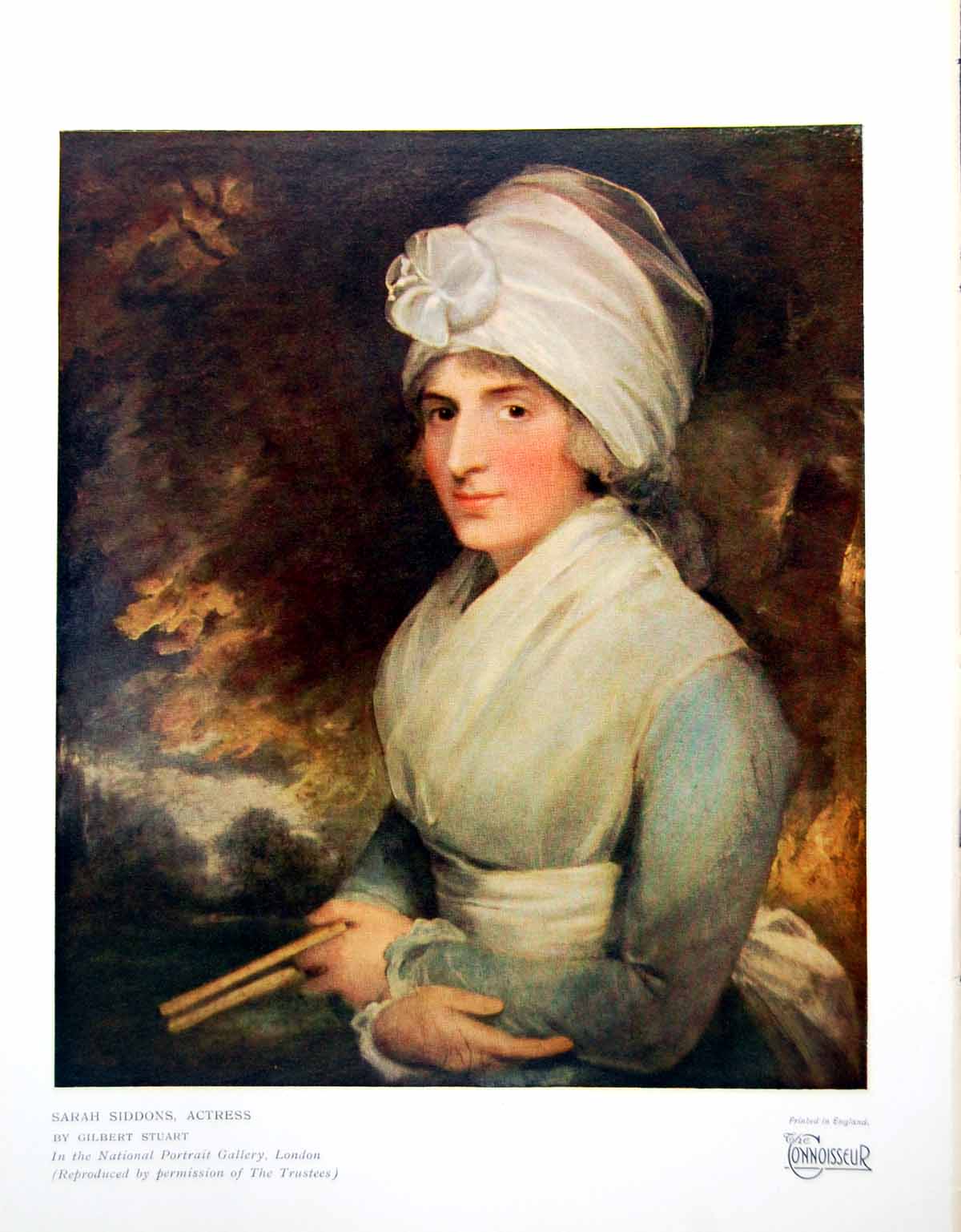 Antique Print Sarah Siddons, Actress By Gilbert Stuart White Hat Sash 1926 20th