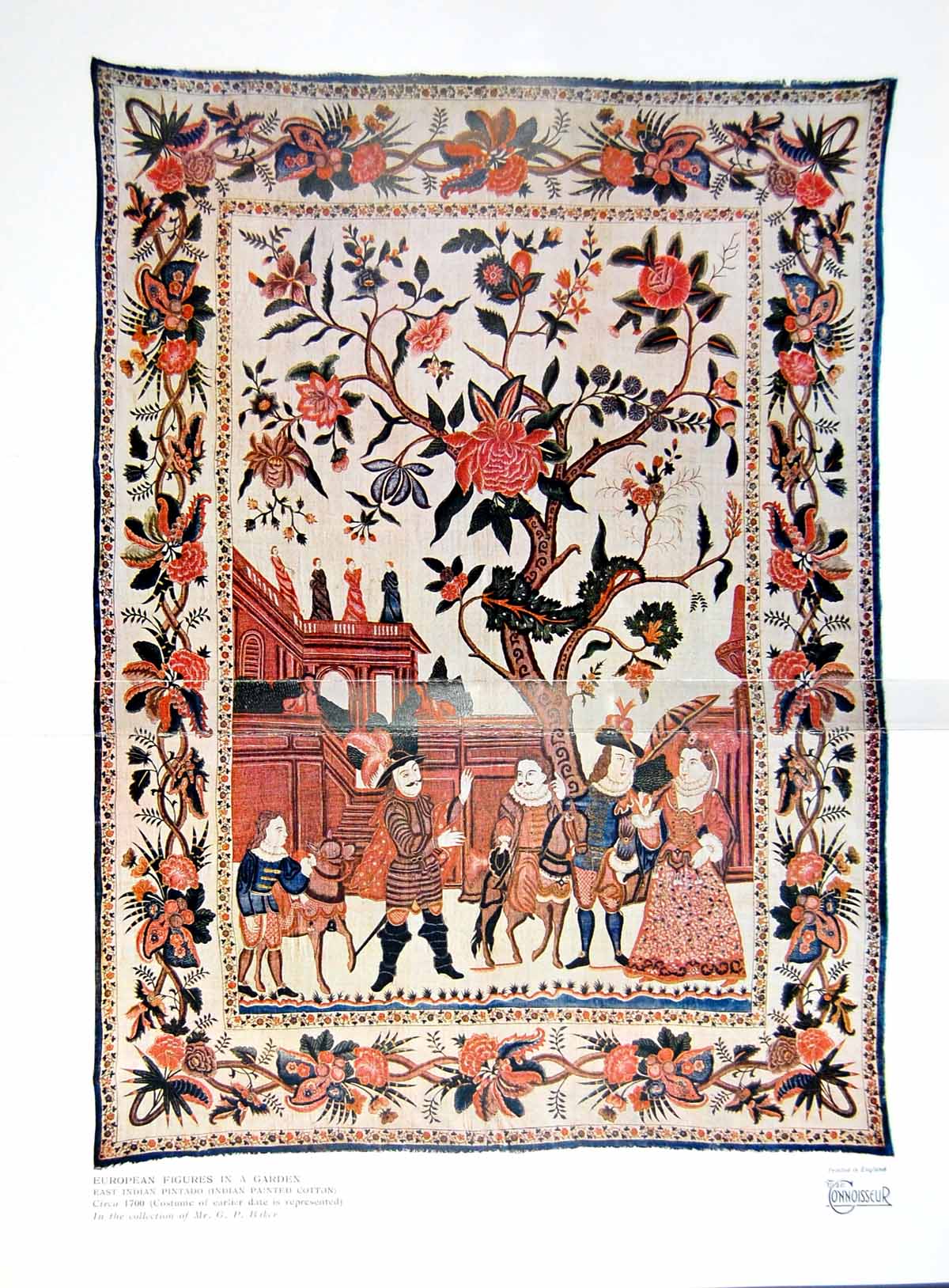 Old Print European Figures Garden East Indian Pintado Painted Cotton 1926 20th