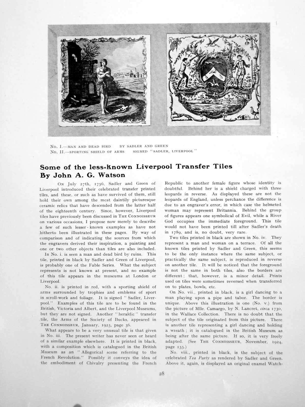 Antique Old Print Some The Less-Known Liverpool Transfer TilesPages 1927