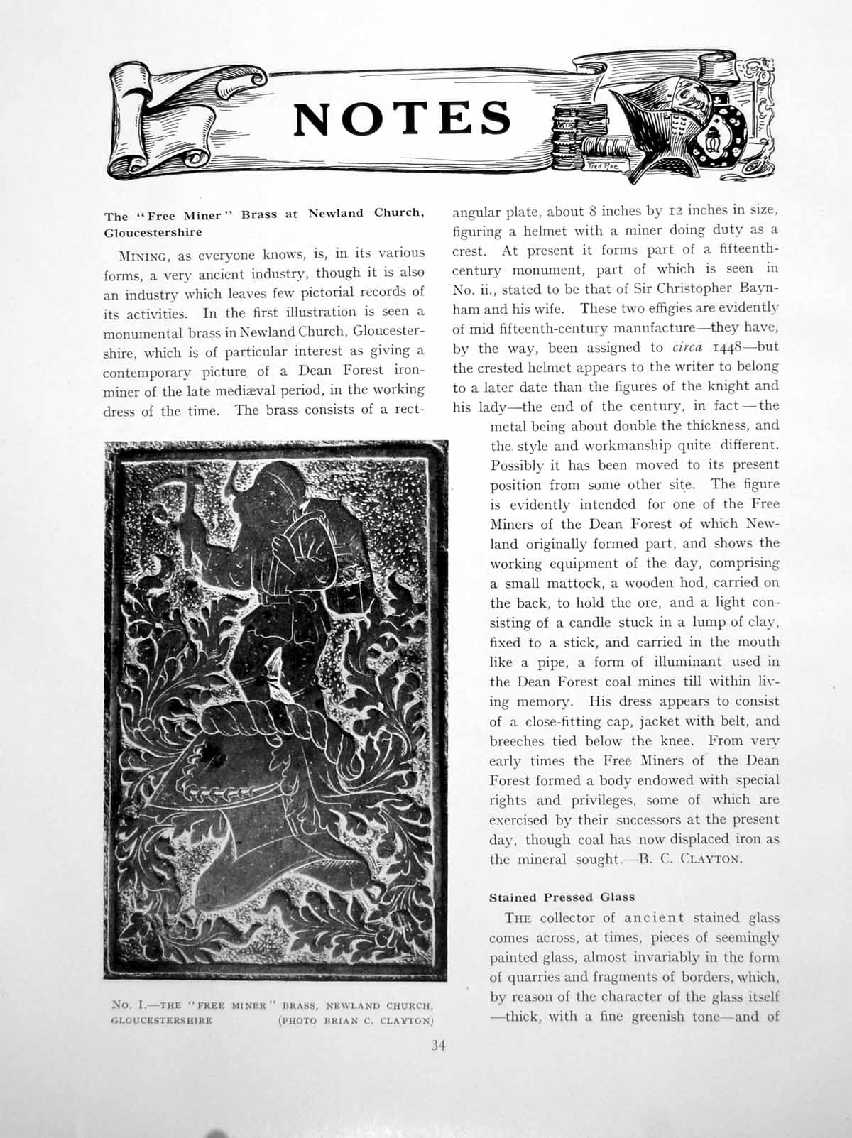 Antique Old Print Free Miner Brass Newland Church Stained GlassPages 1927