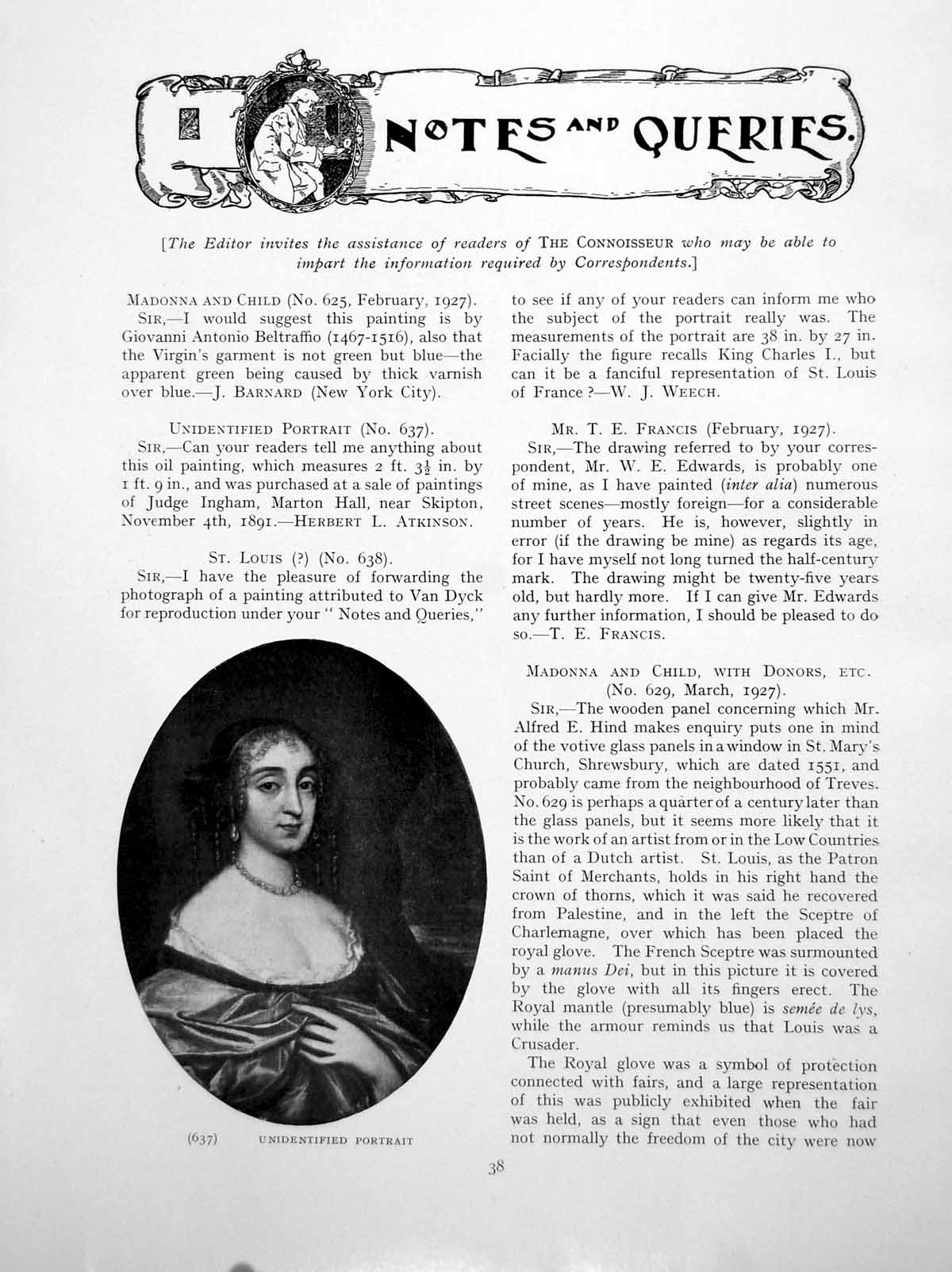Antique Old Print Notes Queries Unidentified Portrait St LouisPages 1927