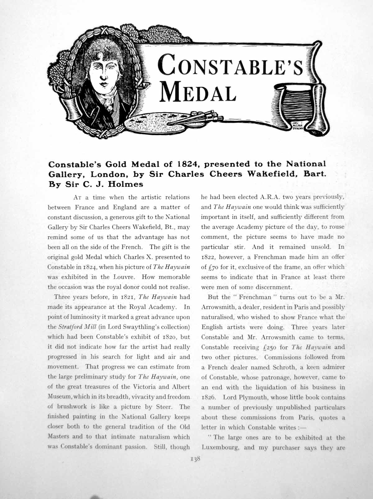 Antique Old Print Constable'S GMedal Presented National GalleryPages 1927