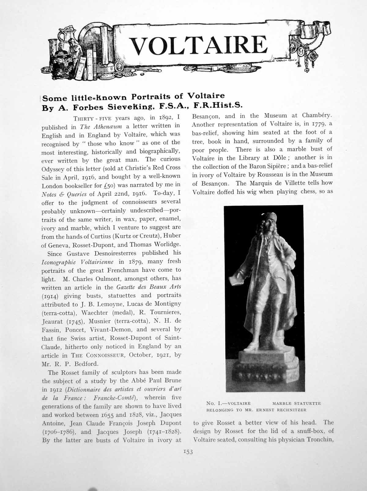 Antique Print Little Known Portraits Voltaire Marble StatuettePages 1927