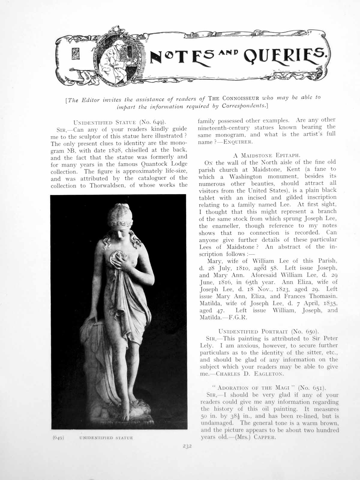 Old Notes Queries Unidentified Statue Portrait AdorationPages 1927