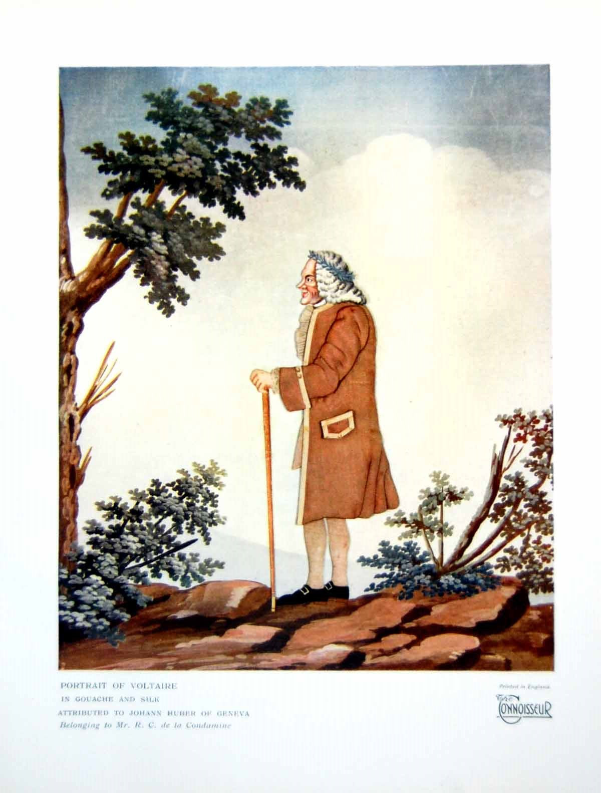 Antique Old Print Portrait Voltaire In Gouache And Silk Attributed Huber 1927