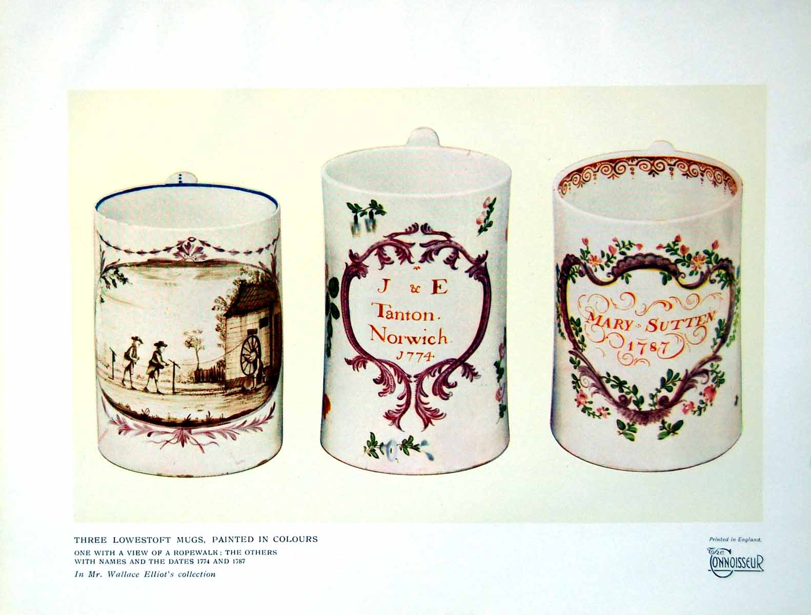 Antique Old Print Three Lowestoft Mugs Painted In Colours Ropewalk Names 1927
