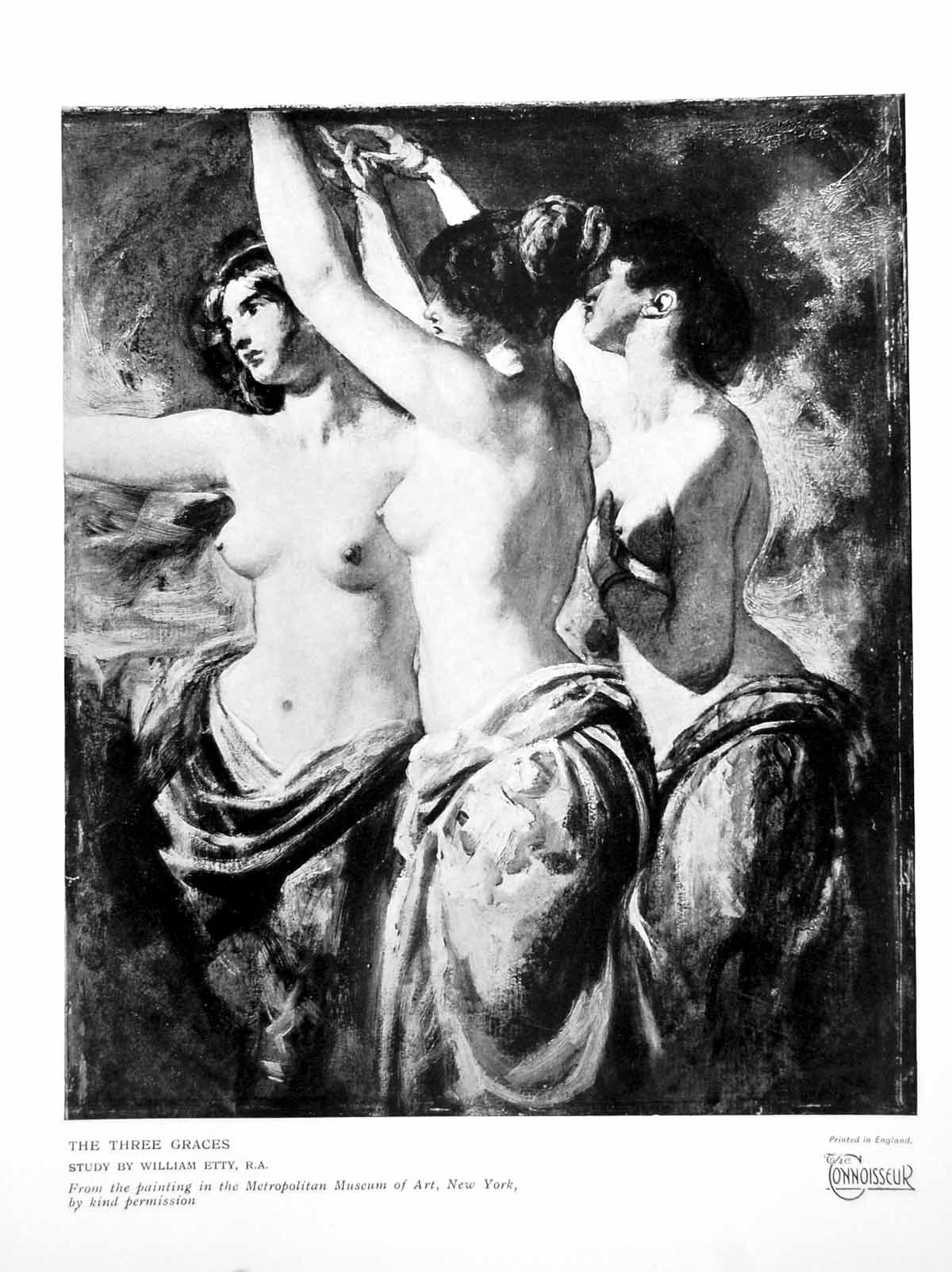 Antique Print The Three Graces Study By William Etty Semi-Clad Females 1927