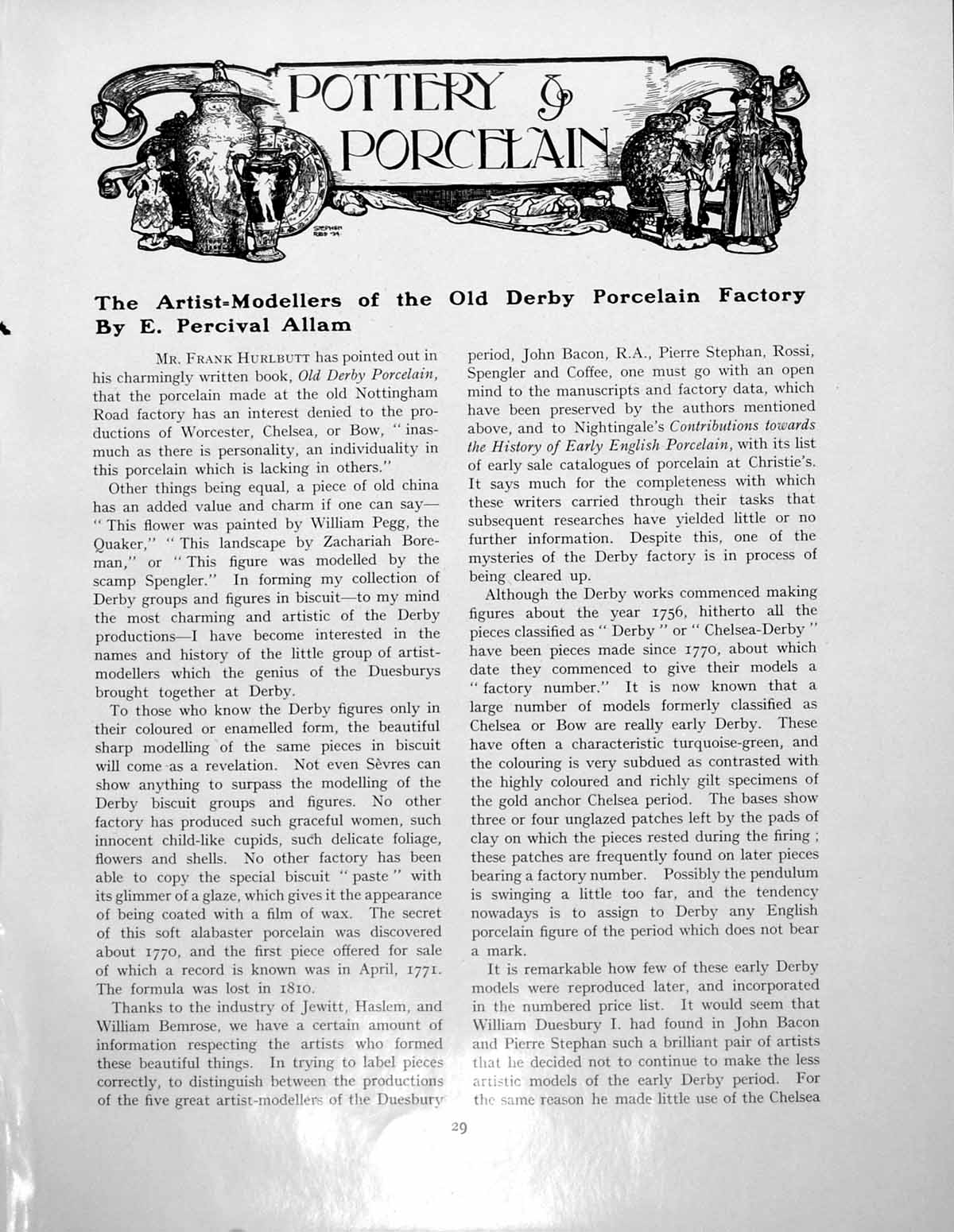 Antique Old Print Artist-Modellers The Derby Porcelain FactoryPages 1928