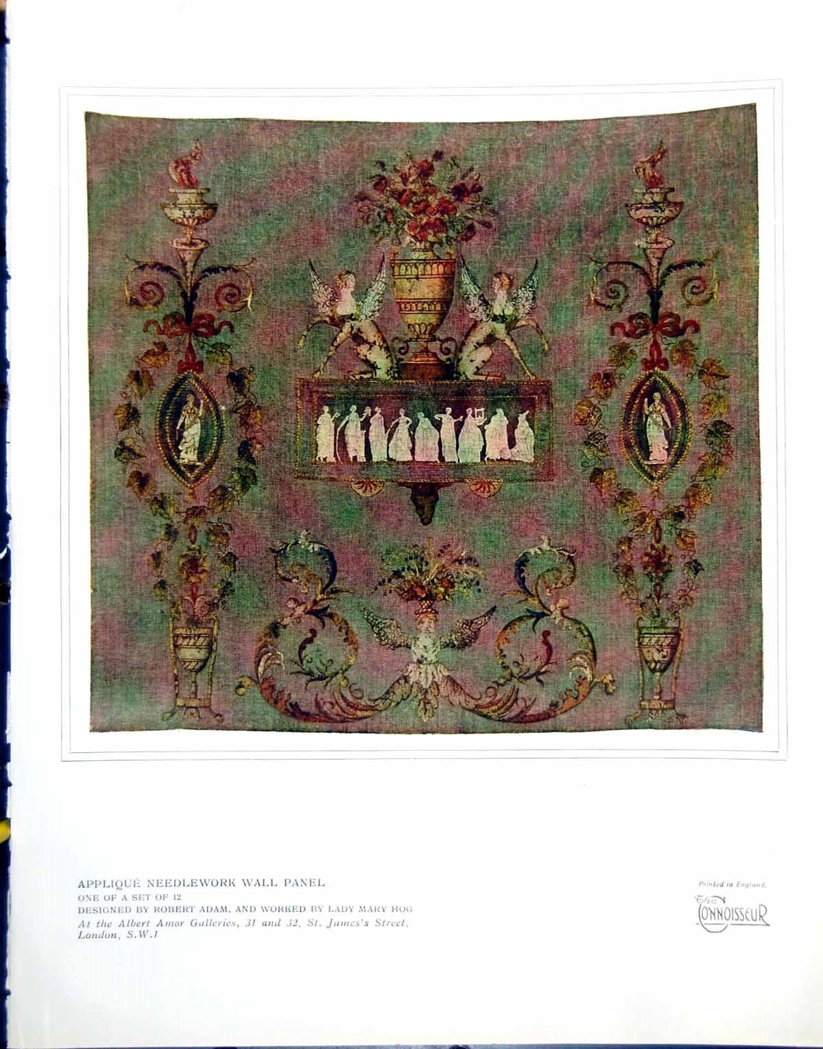 Old Vintage Print Applique Needlework Wall Panel Robert Adam Design 1928 20th