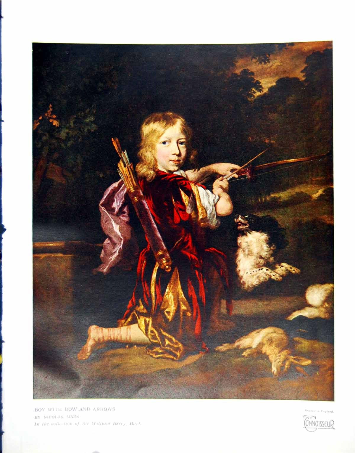 Antique Old Print Boy With Bow And Arrows By Nicolas Maes Kneeling Dog 1928