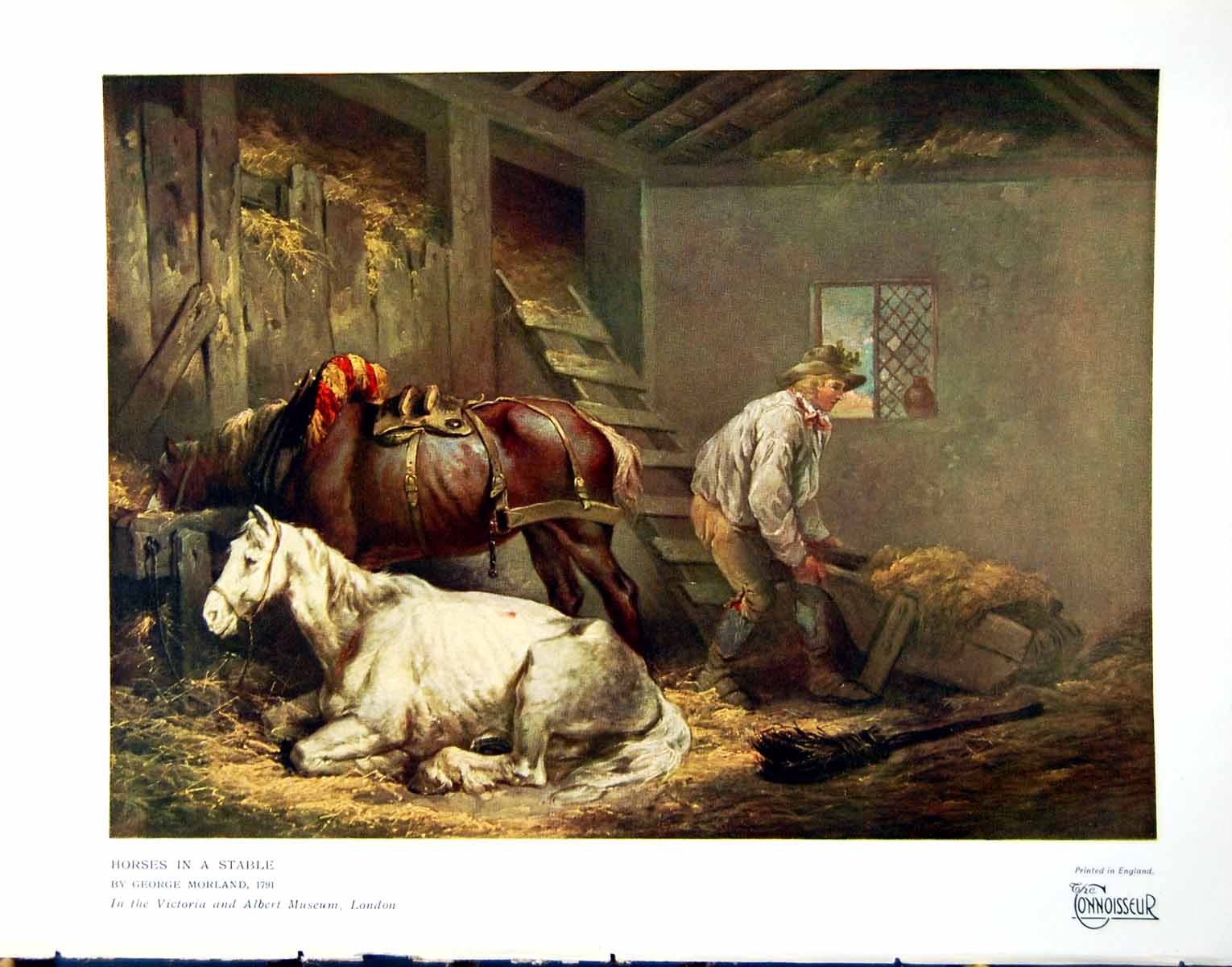 Antique Old Print Horses In A Stable George Morland 1791 Man Mucking Out 1928