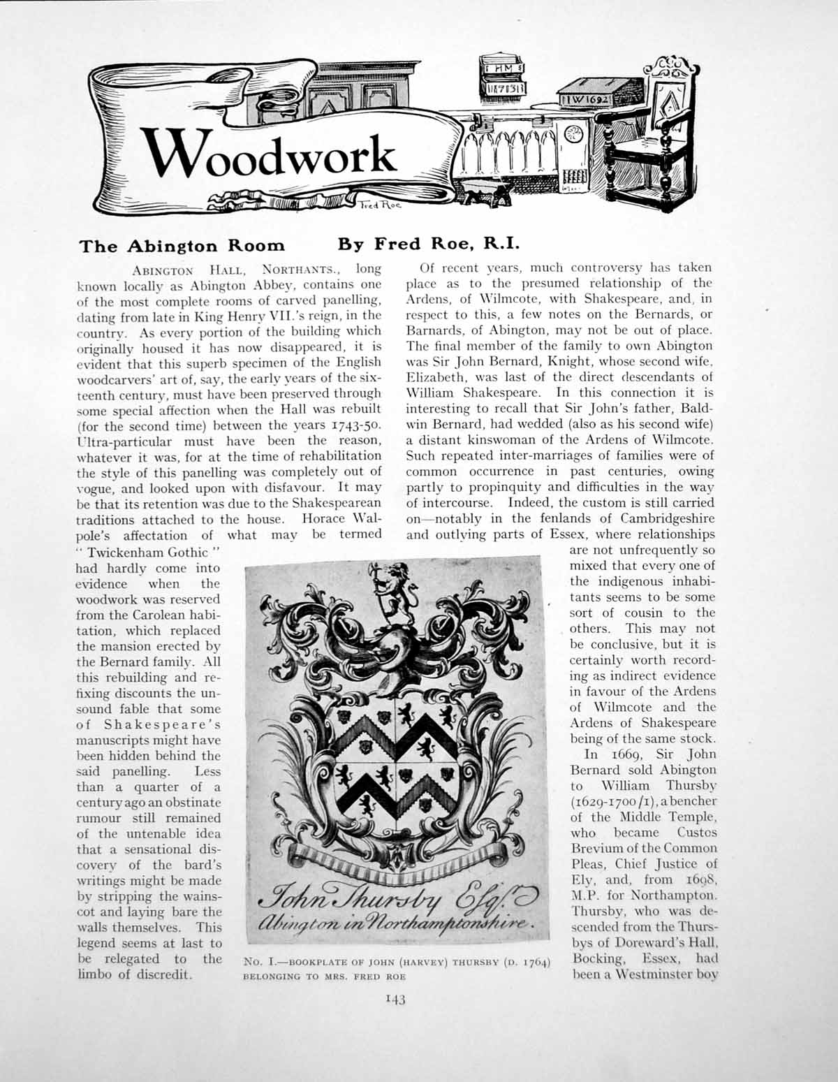 Antique Old Print Woodwork The Abington Room Bookplate J ThursbyPages 1929
