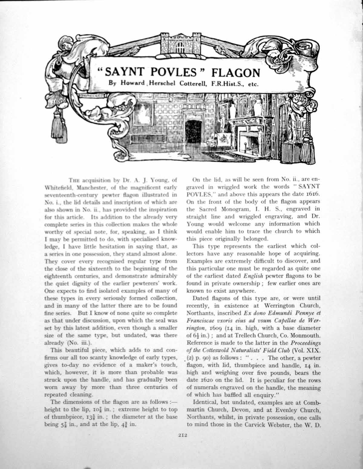 Antique Print Saynt Povles Flagon Poewter Early Seventeenth CPages 1929