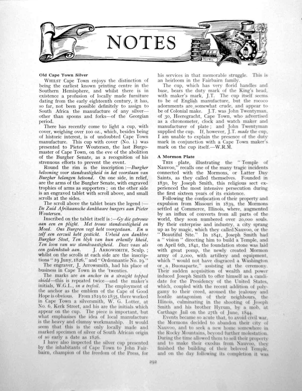 Antique Old Print Notes Cape Town Silver Cup Cover Mormon PlatePages 1929