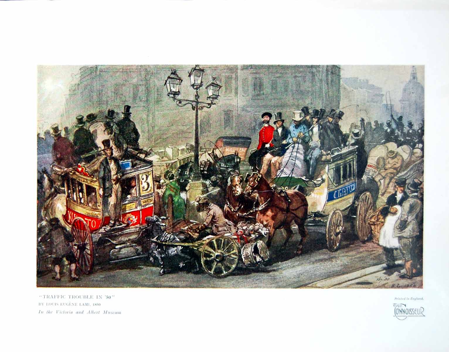 Antique Old Print Traffic Trouble In '50 Louis Eugene Lami 1850 In V&A 1929