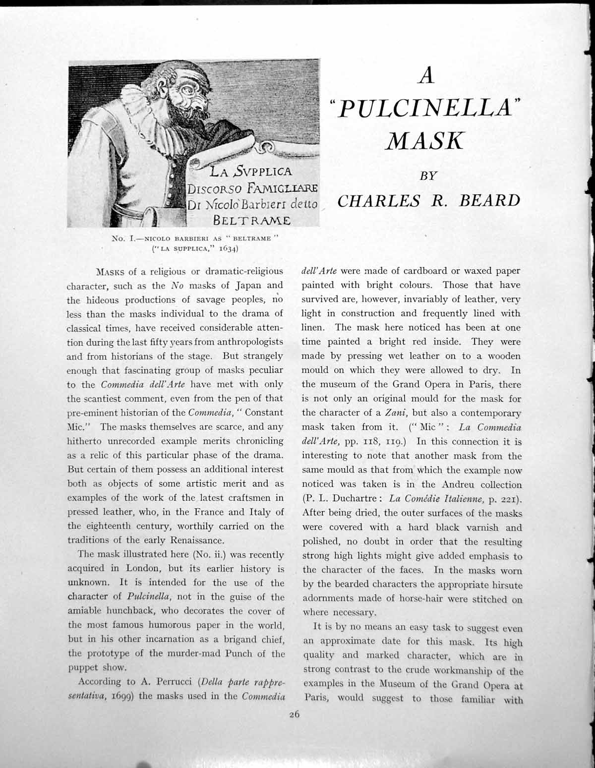 Old Print Pulcinella Mask Cuirbouilli Late 17Th Early 18th CPages 1930