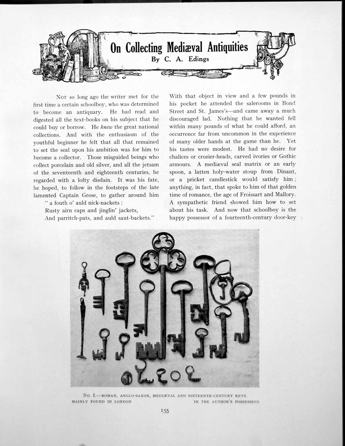 Antique Old Print On Collecting Mediaeval s Keys Knives SpursPages 1930