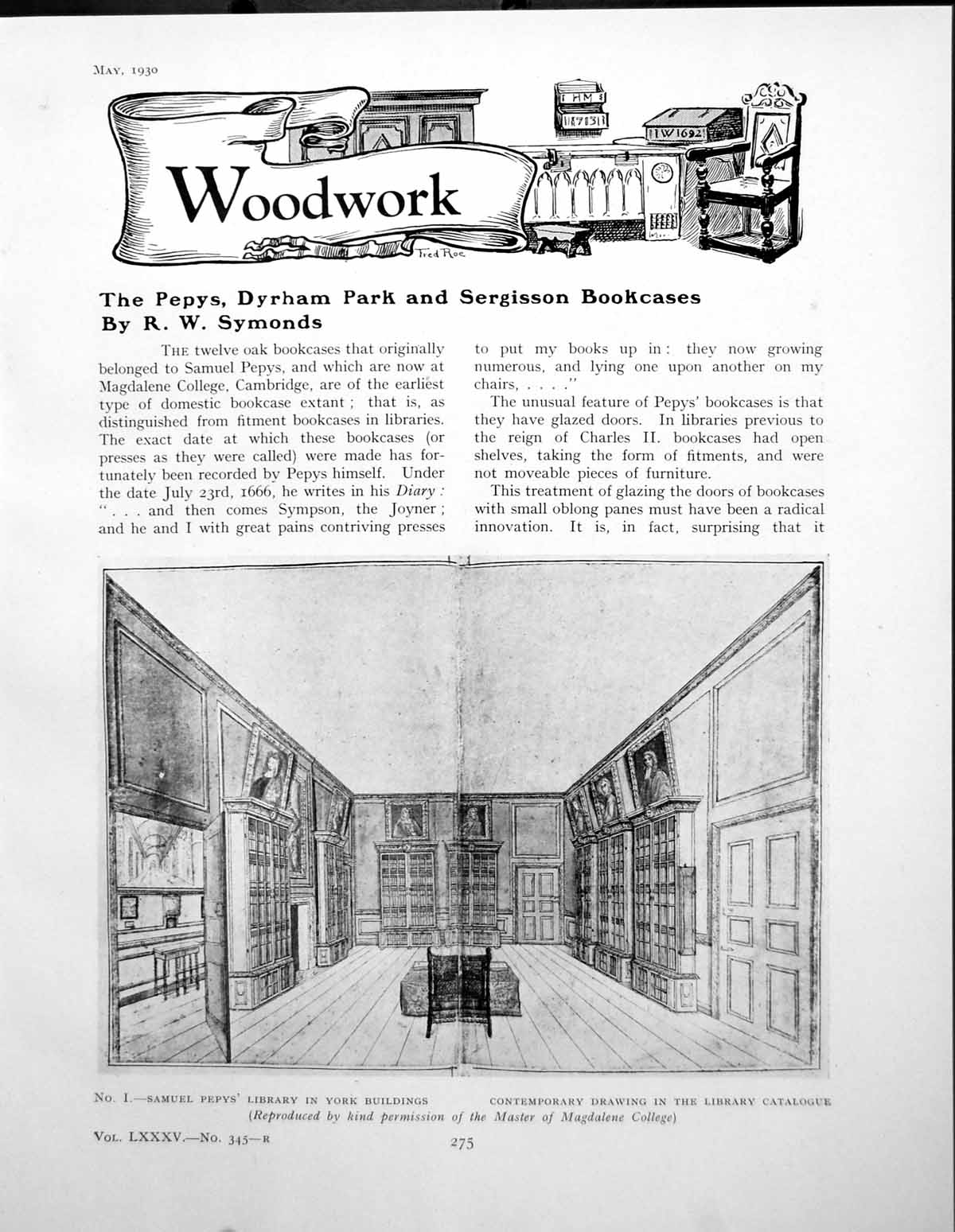 Old Print Pepys Dyrham Park Sergisson Bookcases Oak DetailsPages 1930