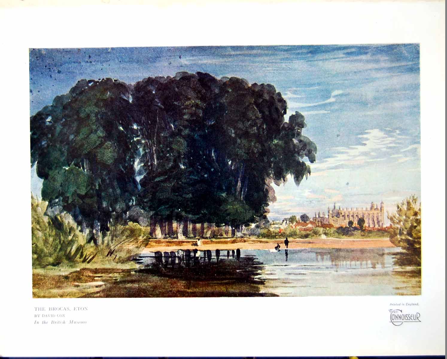 Antique Old Print The Brocas Eton David Cox Trees Water Buildings People 1930