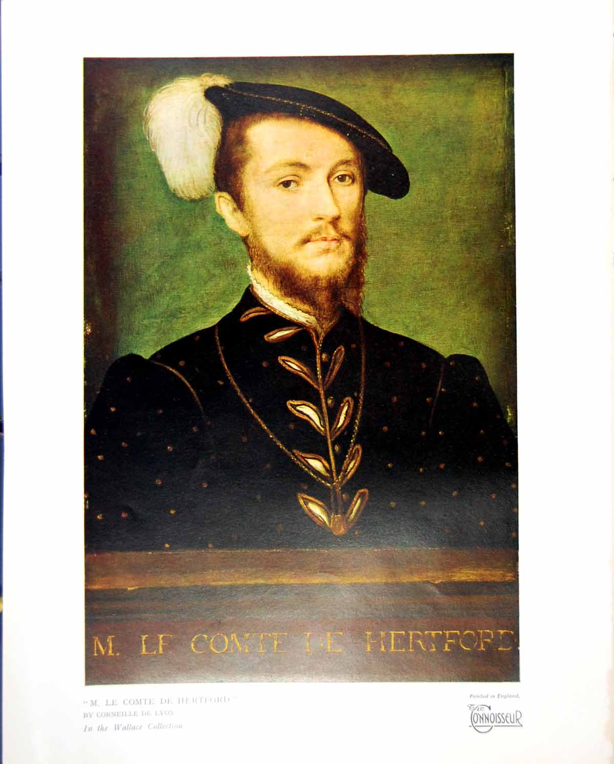 Old Print M. Le Comte De Hertford By Corneille De Lyon Feathered Cap 1930 20th