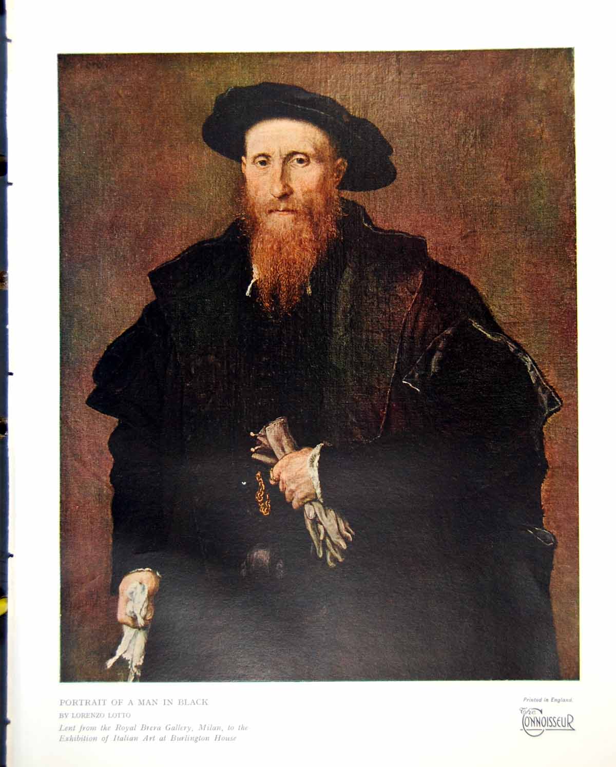 Antique Old Print Portrait A Man In Black Lorenzo Lotto Lent Exhibition 1930