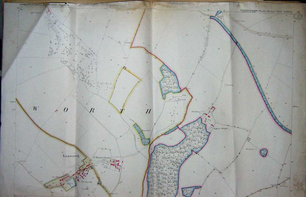 Original Old Antique Print Large Coloured Map C1884 Yanworth Stowell Hampnett