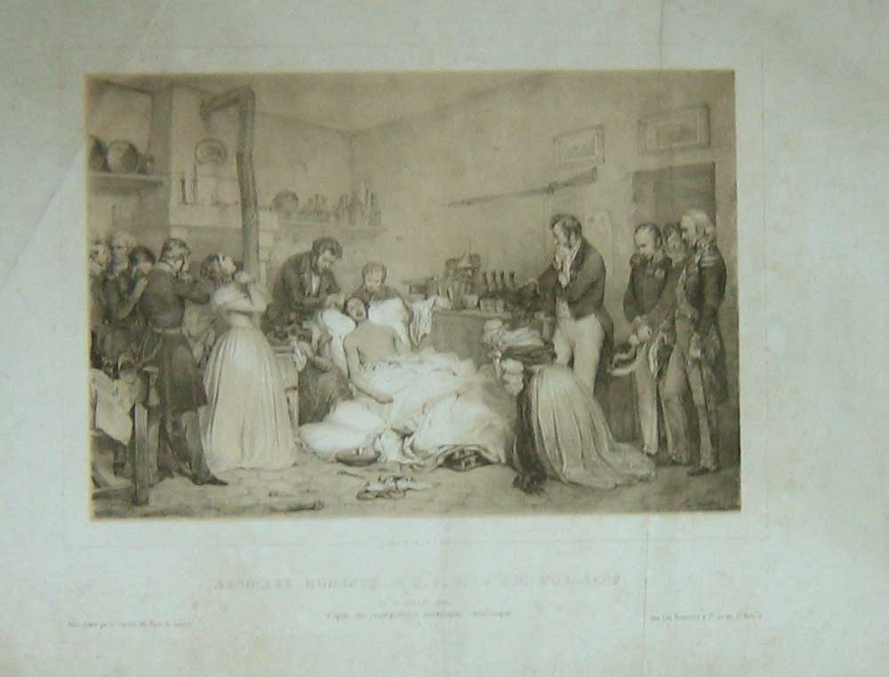 Original Old Antique Print Large 1842 Doctor House Man Bed France 19th