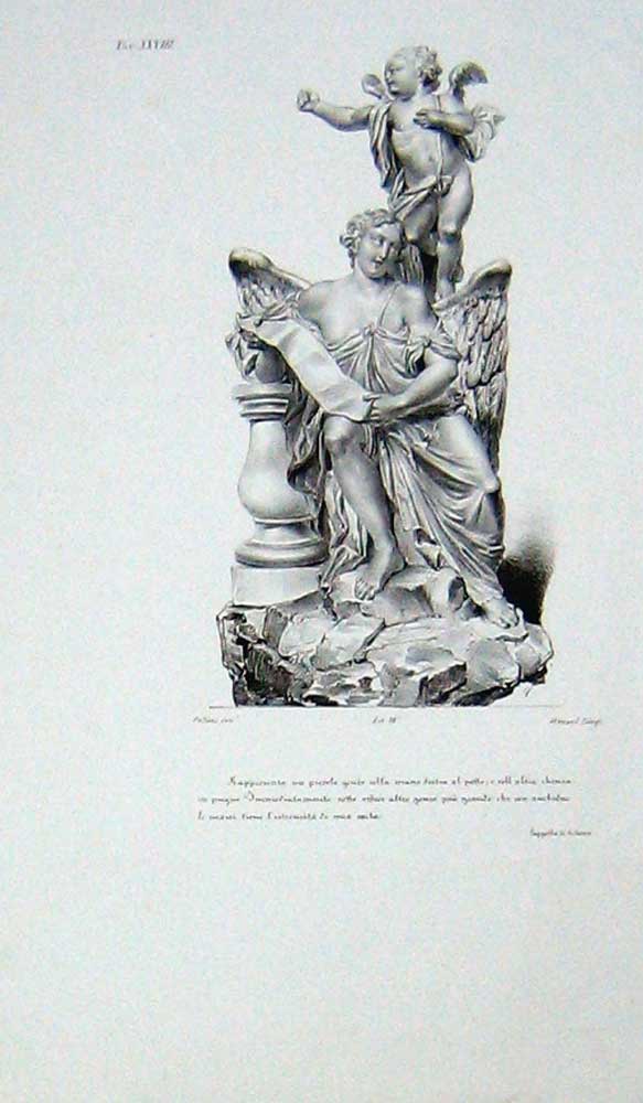 Original Old Antique Print Large Statue Monument Winged Lady Mother Child