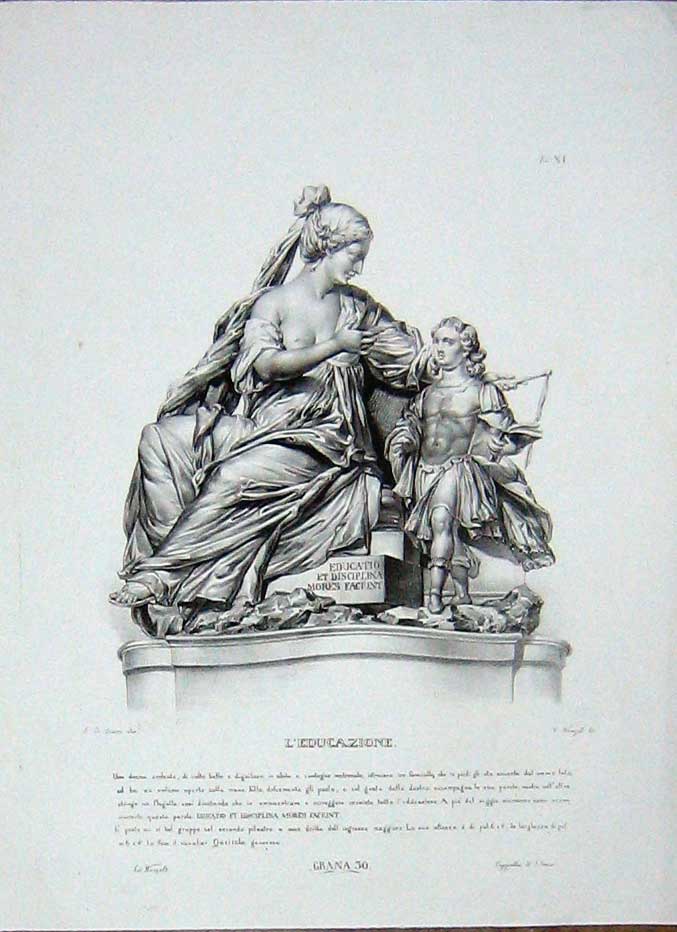Original Old Antique Print Large Statue Monument L'Educanzione Mother Child