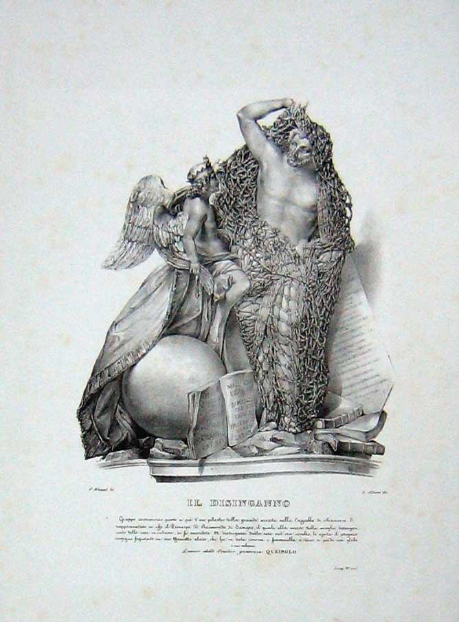 Original Old Antique Print Large Statue Monument Il Disinganno Man Net Wings