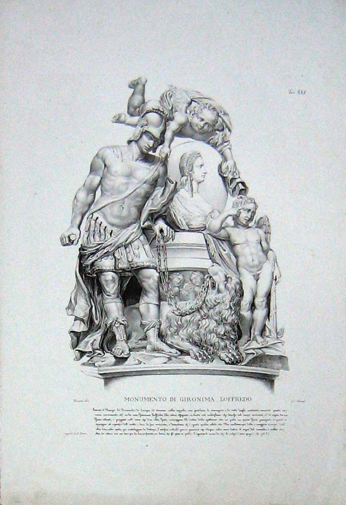 Old Antique Print Monument Di Gironima Loffredo Winged Cherub Man Uniform