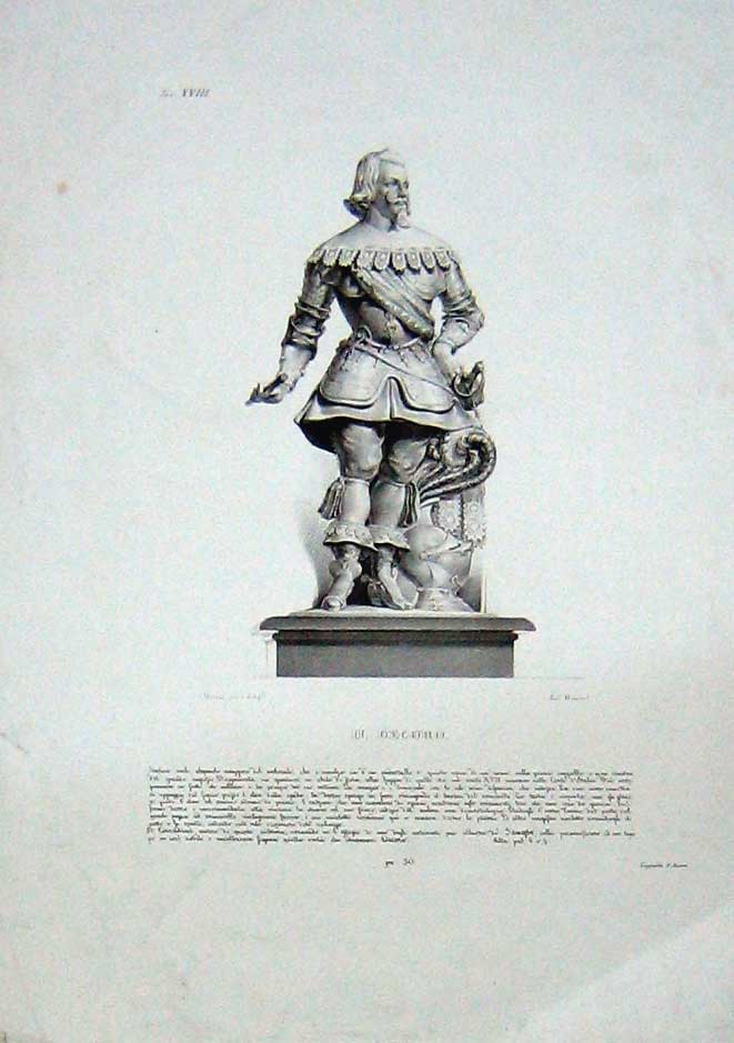 Original Old Antique Print Large Statue Man Uniform Costume Il Decoro