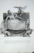 Original Old Antique Print Statue Man Armour Knight Bird Animals Large