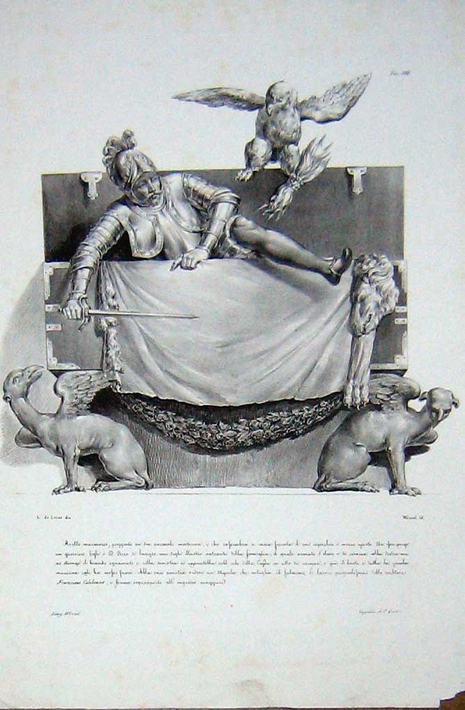 Original Old Antique Print Statue Man Armour Knight Bird Animals Large